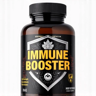 Isang bote ng immune booster supplement, na may disenyo na nagpapakita ng proteksyon at kaligtasan.
