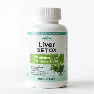 Isang bote ng Liver Detox supplement, na may disenyo na nagpapahiwatig ng paglilinis at natural na kagalingan.