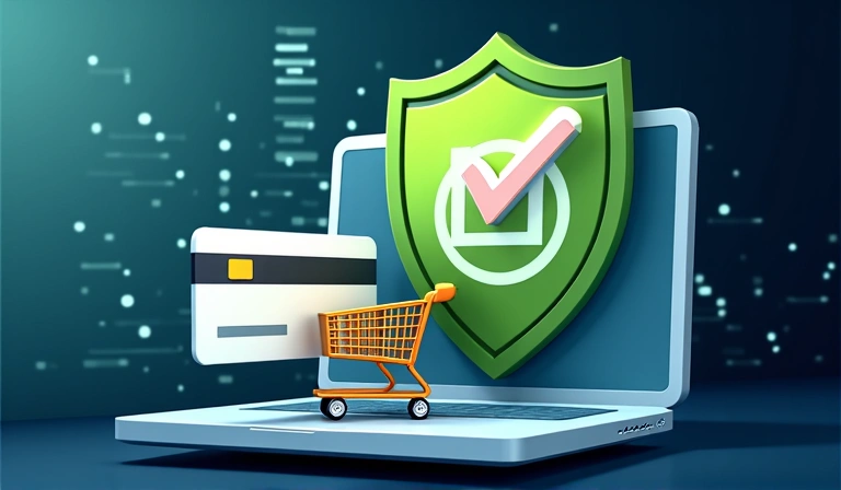 Secure online transaction with a shield icon